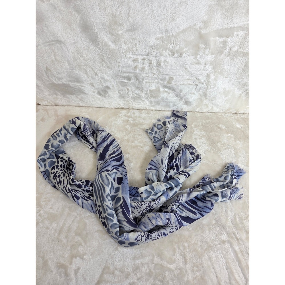 Blue White Animal Print Scarf Leopard Zebra Pattern Lightweight Frayed Edge Wrap